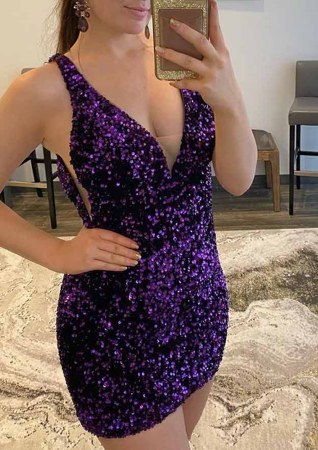 Vestido de fiesta de terciopelo con lentejuelas, corto/mini, sin mangas y cuello en V
